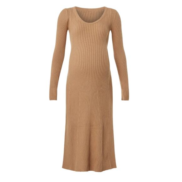 Hatch Beige Midi Maternity Dress SMALL Basic Ribbed Knit Career Cotton Work $300 - Picture 8 of 11